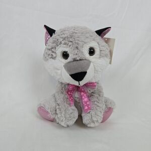 Homerbest Gray Pink Shimmer‎ Accents Heart Bow 9" Plush Wolf Toy Valentine's Day